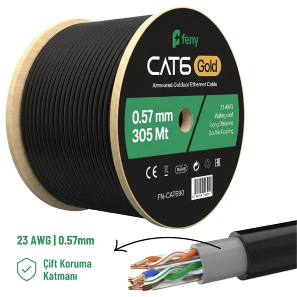 Feny FN-CAT690 305Mt 23AWG 0,57MM Çift Ceket Gold Dış Mekan Cat6 UTP Kablo ürün görseli 1