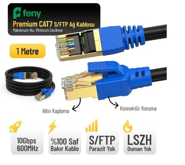 Feny FN-CAT7LS01 10GBPS İnternet 60MHZ 1 Metre CAT7 Gold Patch Kablo (Yanmaz- yüzde 100 Saf Bakır) ürün görseli 1