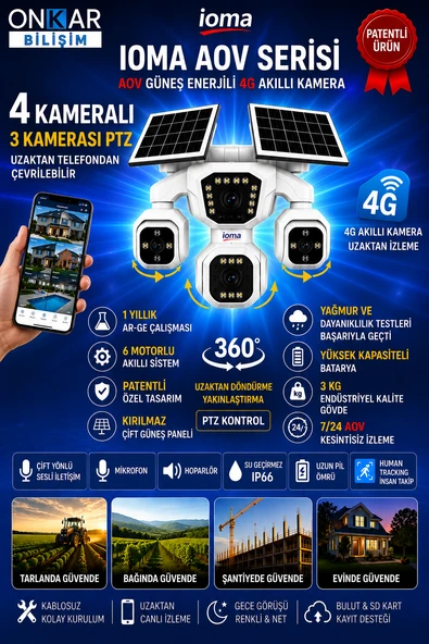 IOMA SG407 4 KAMERALI 3PTZ'li 4G Solar Güvenlik Kamerası 10X ZOOM HİEASY ürün görseli 1