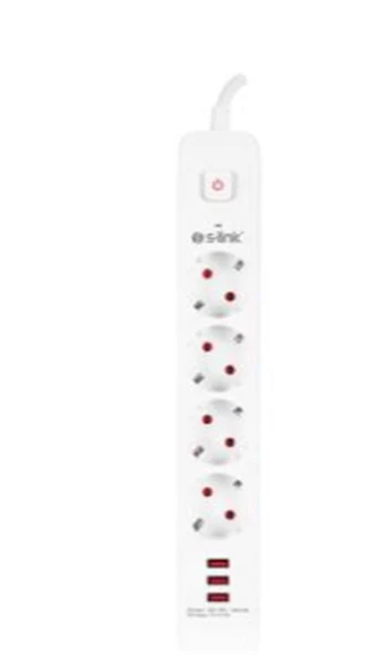 S-link SPG403U 1.5m 1.5mm 100 yüzde  Bakır 750 Joule 3 Usb 5V2.4A 4lü Anahtarlı Akım Korumalı Priz ürün görseli 1