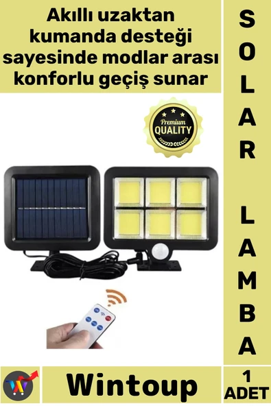 #Lamba Bahçe Aydınlatma Sensörlü 120 Cob Led Solar Panelli 3 Modlu Uzaktan Kumandalı Duvar Lambası ürün görseli 1
