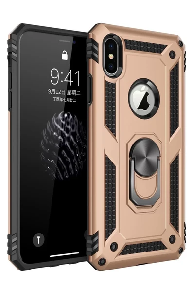 Newface Apple iPhone X Kılıf Sofya Yüzüklü Silikon Kapak - Gold ürün görseli 1