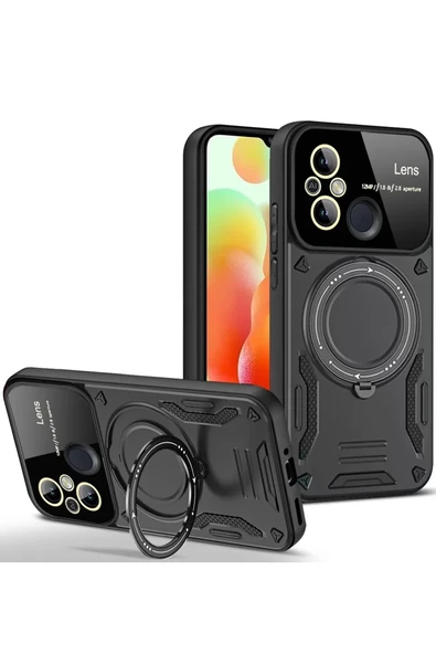 Newface Xiaomi Redmi 12C Kılıf Joy Lens Standlı Kapak - Siyah ürün görseli 1