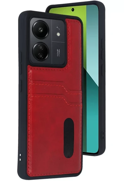 Newface Xiaomi Redmi 13C Kılıf Sara Kartvizitli Deri Kılıf - Kırmızı ürün görseli 1