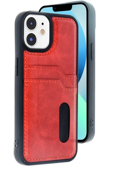 Newface Apple iPhone 11 Kılıf Sara Kartvizitli Deri Kılıf - Kırmızı ürün görseli 1