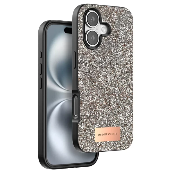 Onegif Apple iPhone 16 Plus Bright Simli Kapak - Gold - Resim 3