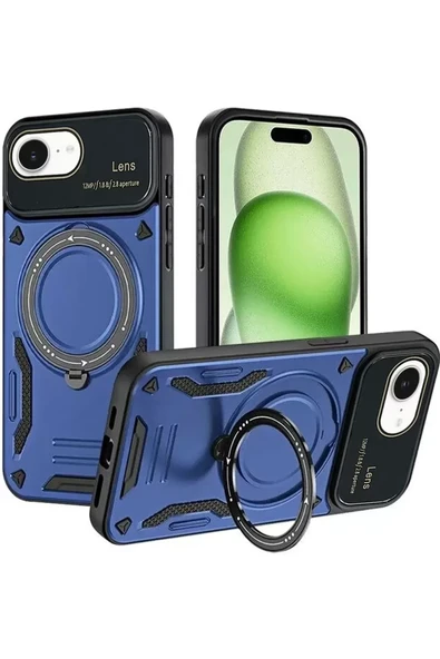 Newface Apple iPhone 16E Kılıf Joy Lens Standlı Kapak - Lacivert ürün görseli 1