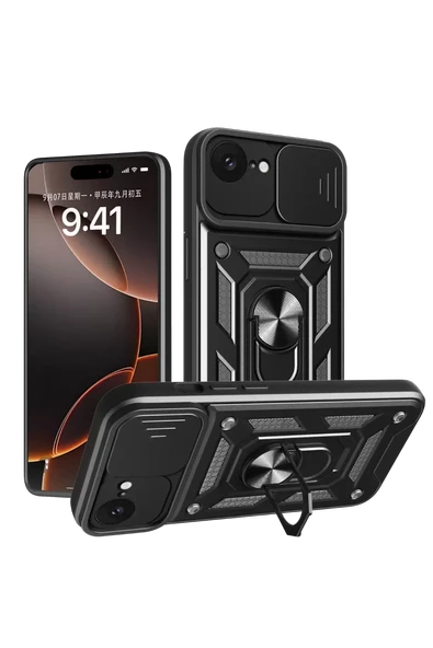 Newface Apple iPhone 16E Kılıf Pars Lens Yüzüklü Silikon - Siyah ürün görseli 1