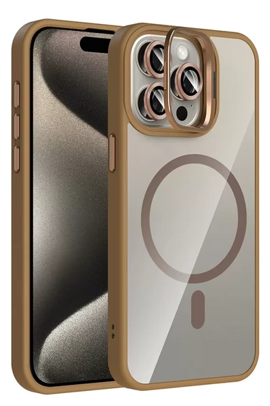 Joko Apple iPhone 14 Pro Max Remim Lensli Magsafe Standlı Kapak - Kahverengi ürün görseli 1