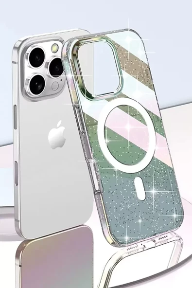 Joko Apple iPhone 15 Pro Rasasi Simli Magsafe Kapak - Şeffaf - Resim 3