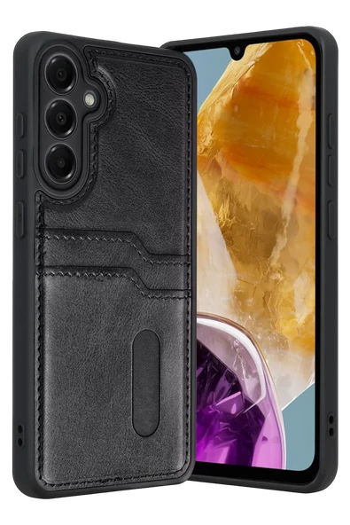 Newface Samsung Galaxy M15 Sara Kartvizitli Deri Kılıf - Siyah ürün görseli 1
