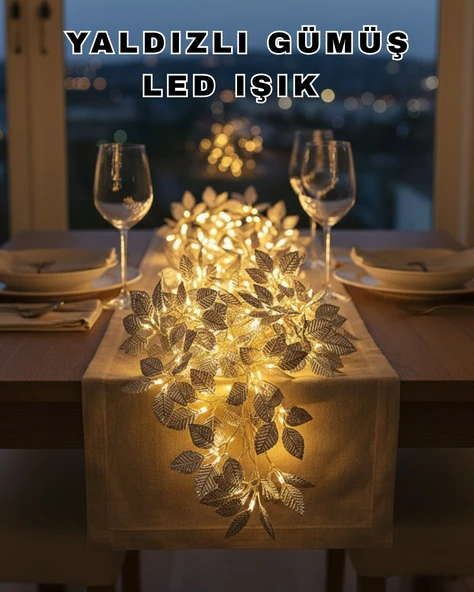 Yaprak Şekilli Gümüş LED Işık Pilli Dekoratif Aydınlatma ürün görseli 1