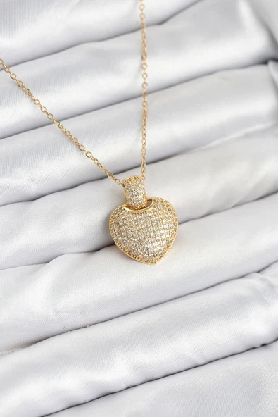 316L Çelik Zincir Gold Renk Zirkon Taşlı Kalpli Kadın Ke ürün görseli 1