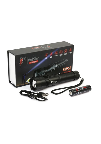 PeakStar Ps1600 Süper Parlak Led Zoomlu 5 Mod Su Geçirmez Profesyonel Kamp Bekçi Avcı Feneri ürün görseli 1