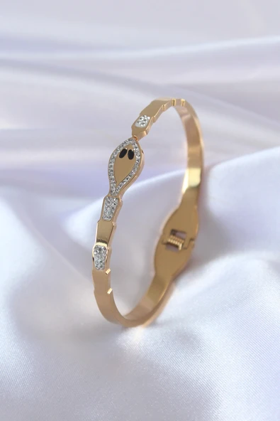 316L Çelik Gold Renk Yılan Model Zirkon Taş Detay Kadın Kelepçe ürün görseli 1