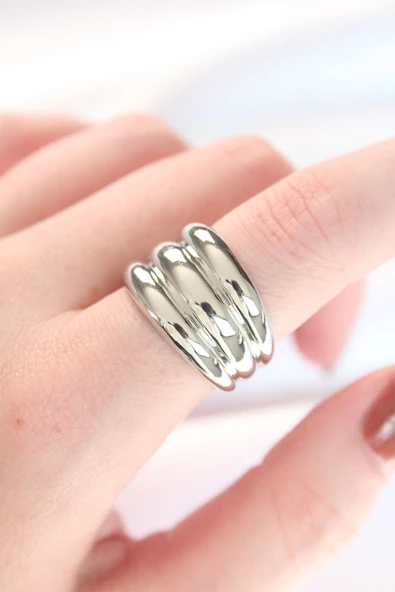 Silver Renk Ayarlanabilir Çizgili Bombe Yüzük ürün görseli 1