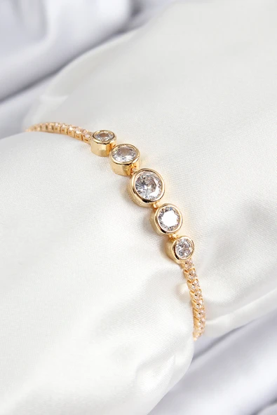 Pirinç Zirkon Taşlı Sıralı Daire Model Gold Renk Asansörlü Kadın Bileklik ürün görseli 1