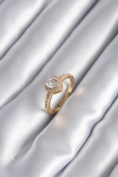 Pirinç Gold Renk Zirkon Taşlı Kalp Charm Model Kadın Yüzük ürün görseli 1