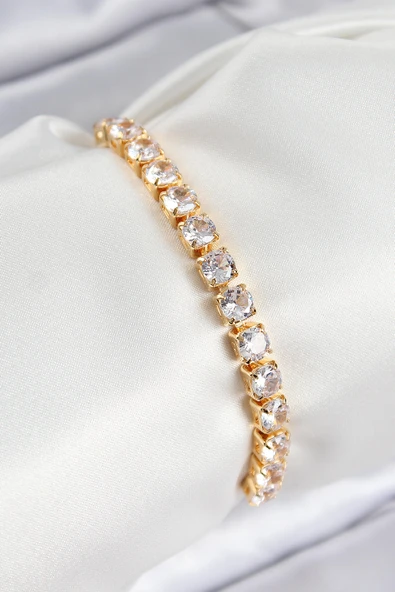 Pirinç Zirkon Taşlı Kare Model Gold Renk Asansörlü Kadın Bileklik ürün görseli 1