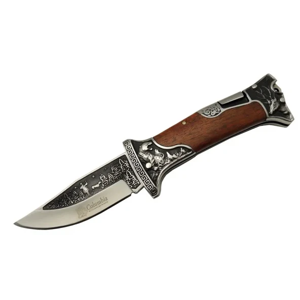 A31882 Geyik Desenli Outdoor Çakı 23 cm  İşlemeli Ahşap Saplı, Perçinli, Deri Kılıflı ürün görseli 1