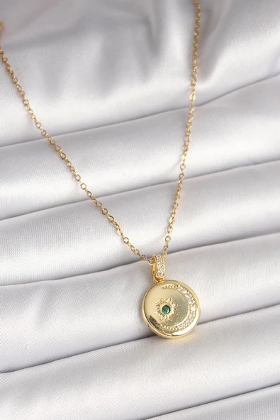 316L Çelik Gold Renk Zincir Zirkon Taş İşlemeli Hilal Yıldız İşlemeli Madalyon Model Kadın Ke ürün görseli 1