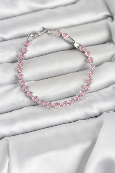 Pembe Kare Zirkon Taşlı Gümüş Renk Pirinç Su Yolu Kadın Bileklik ürün görseli 1