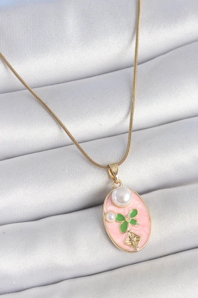 316L Çelik Gold Renk Zincir Pembe Mineli Oval İncili Çiçek İşlemeli Portre Model Kadın Ke ürün görseli 1