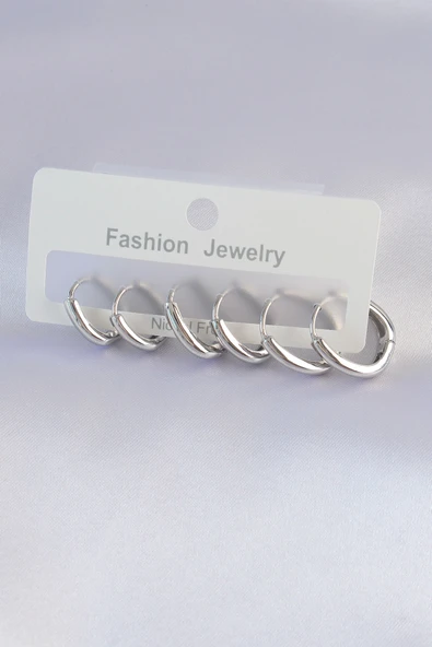 Pirinç Gümüş Renk Oval Küpe Seti - Resim 2