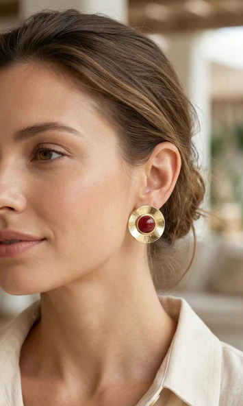Vintage Model Bordo Gold Renk Pirinç Kadın Küpe ürün görseli 1