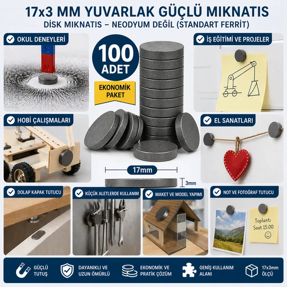 100 Adet Mıknatıs 17x3 mm Yuvarlak Güçlü Mıknatıs Disk Mıknatıs ürün görseli 1