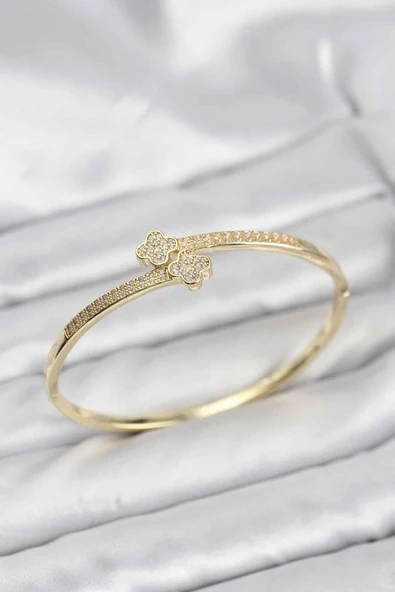 Pirinç Gold Renk Zirkon Taşlı Yonca Model Kadın Kelepçe Bileklik ürün görseli 1