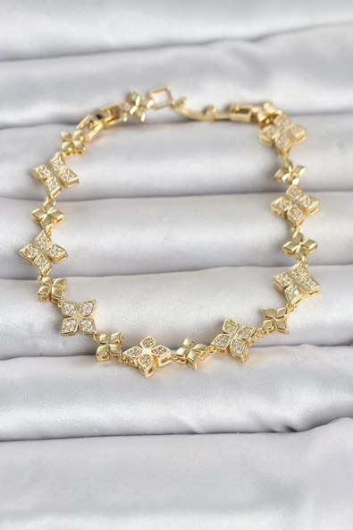 Pirinç Zirkon Taşlı Yonca Model Gold Renk Kadın Bileklik ürün görseli 1