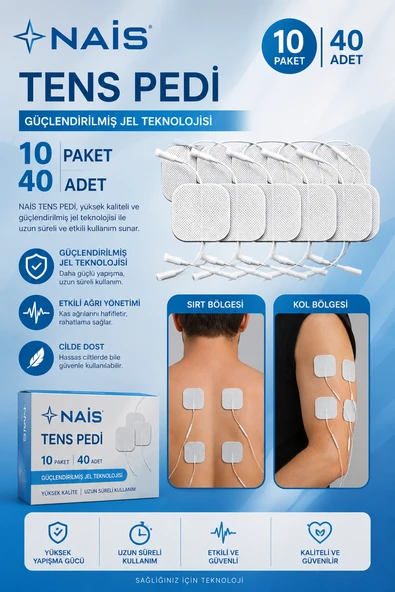 10 Paket, 40 Adet NAİS GOLD Tens Elektrod Pedi 5x5 cm Extra Güçlendirilmiş Yapışkanlı Kumaş, TENS Pedi Elektrot – Cilt Dostu Jel – Yüksek İkenlik – TENS Cihazları ile Uyumlu ürün görseli 1