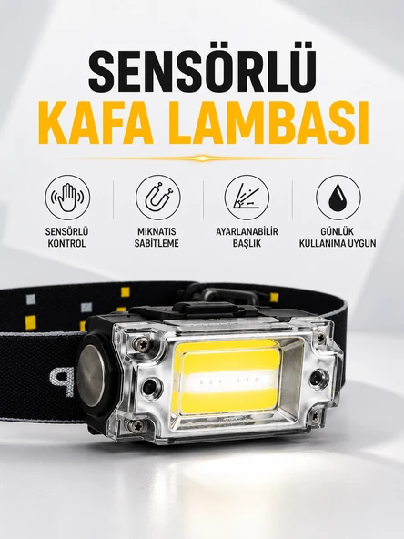 Sensör Kontrollü Şarjlı Beyaz LED Kafa Lambası ve El Feneri ürün görseli 1
