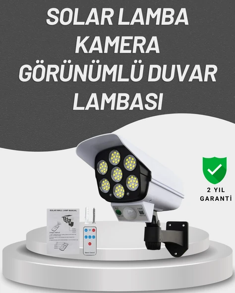 77 LED'li Güneş Enerjili Güvenlik Lambası ve Kukla Kamera – Hareket Sensörlü, 2400mAh Pilli ürün görseli 1