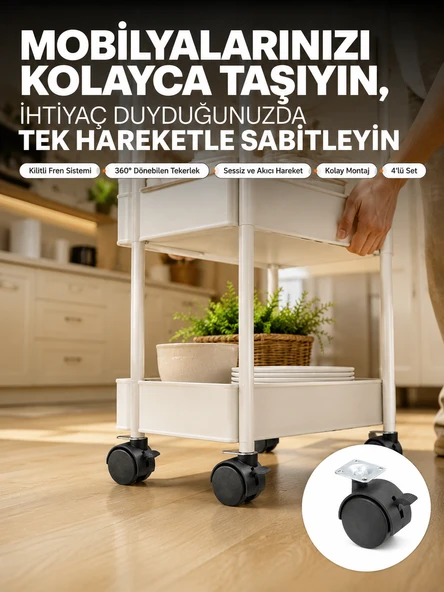 4’lü Kilitli Tekerlek Ayak 4 cm Sessiz ve Dayanıklı ürün görseli 1