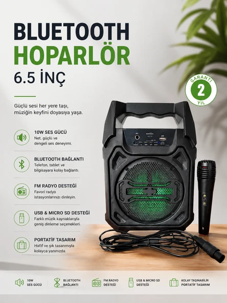 Bluetooth Hoparlör Mikrofonlu Taşınabilir Ses Sistemi FM Ra, USB, SD Kart ve TWS Özellikli ürün görseli 1