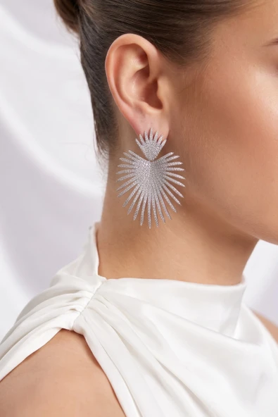 Gümüş Renk Zirkon Taşlı Palmiye Model Kadın Abiye Küpe ürün görseli 1