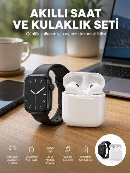 Akıllı Saat Gümüş Kasa Bluetooth Kulaklık Hediyeli Çok Fonksiyonlu İkili Set ürün görseli 1