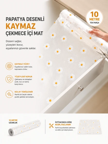 Papatya Desenli Kaymaz Dolap Ve Çekmece İçi Mat 10 Metre ürün görseli 1