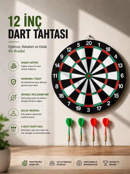 12 İnç Ahşap Dart Tahtası 4 Adet Metal Uçlu Dart Oku Dahil ürün görseli 1