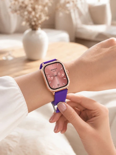 3 Kordonlu Rose Gold Kasalı Kadın Akıllı Saat Seti - Resim 3