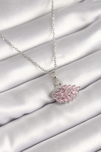 316L Çelik Gümüş Renk Zincir Pembe Zirkon Taşlı Kuğu Model Kadın Ke ürün görseli 1