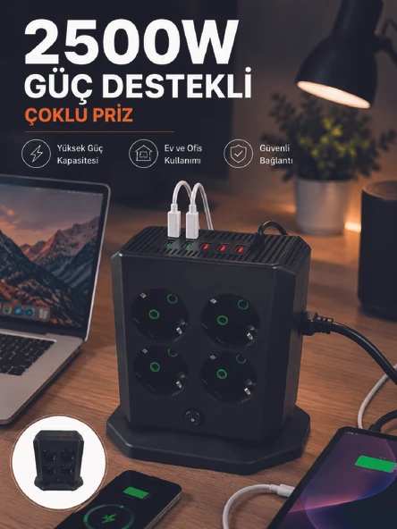 Çoklu Priz 8 Çıkışlı 4 USB 2 TypeC Anahtarlı Dikey Priz Kulesi ürün görseli 1