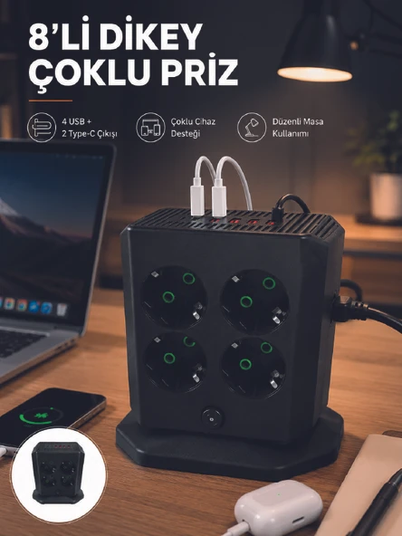 8'li Dikey Çoklu Priz 4 USB 2 TypeC Girişli Akım Korumalı Uzatma Prizi ürün görseli 1
