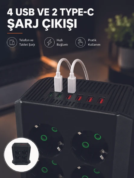 8'li Dikey Çoklu Priz 4 USB 2 TypeC Akım Korumalı Anahtarlı Priz ürün görseli 1