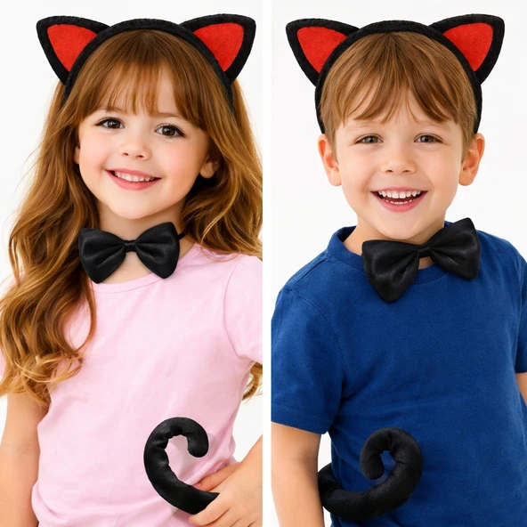Kırmızı Kulaklı Kedi Kostüm Seti – Taç Papyon Kuyruk 3 Parça ürün görseli 1