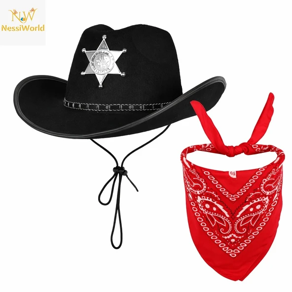 Çocuk Kovboy Şapka Rozetli Siyah & Kırmızı Bandana Seti ürün görseli 1