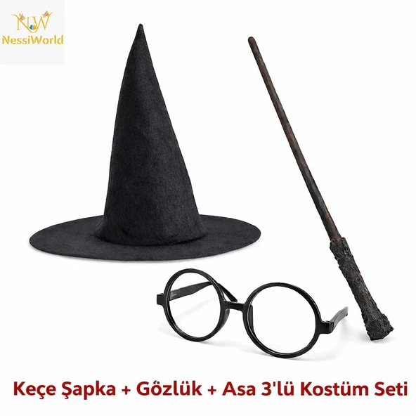Çocuk Seti (Siyah Keçe Şapka, Asa, Gözlük) ürün görseli 1