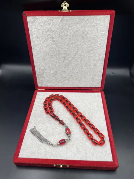 925 Ayar Gümüş Püsküllü Ateş Kehribar Tespih – 11x8 mm ürün görseli 1